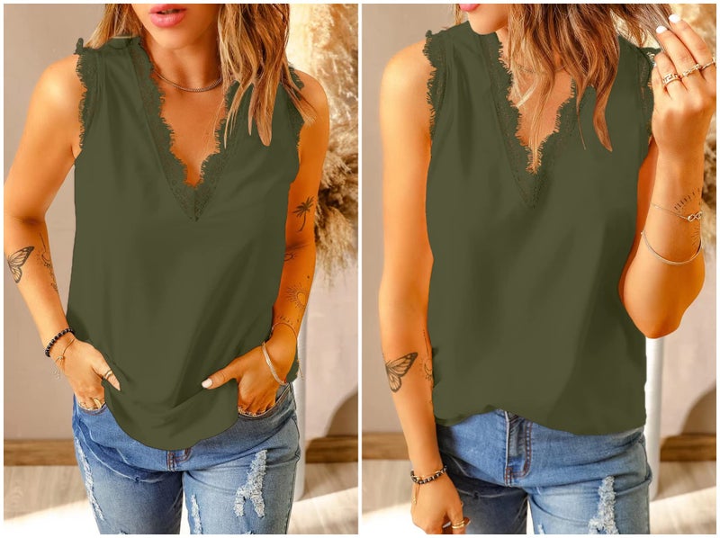 lime flare Women Summer Lace Trim Satin Cami Tank Tops Dressy Silk Lacy Camisole Shirt Blouse(Army Green Eyelash Lace,S) - Image 5